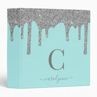 Aqua Teal Silver Sparkle Glitter Drips Monogram 3 Ring Binder