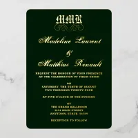 Monogram Elegant Dark Green and Gold Wedding  Foil Invitation