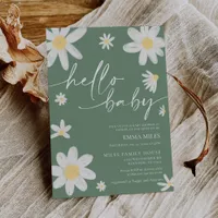 Hello Baby Daisy Sage Green Baby Shower Invitation