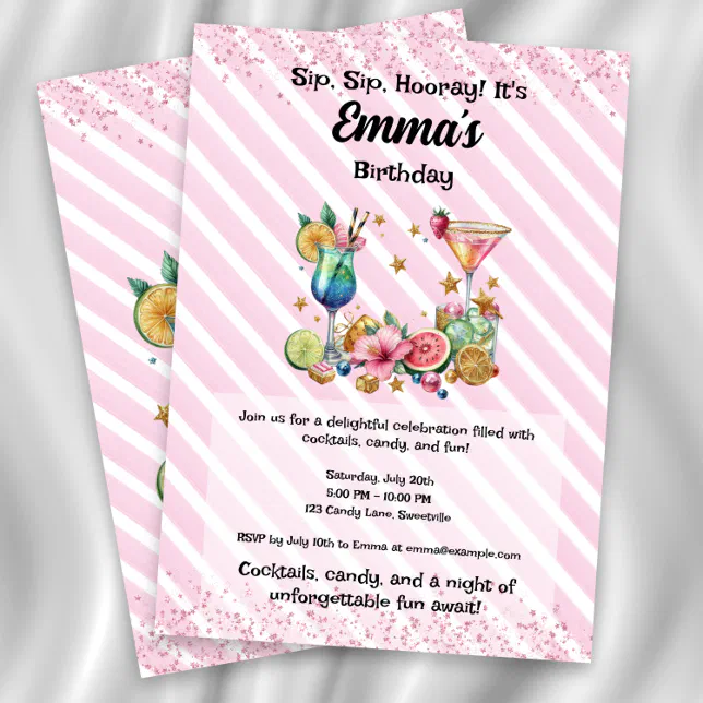 Pink Cocktail Candy Glitter Birthday Invitation