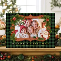 Christmas Plaids Wooden Family Frame Photo Green Foil Holiday Card