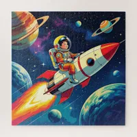 Little Boy on a Rocket Ship Flying through Space Jigsaw Puzzle