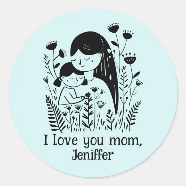 Cute Mother & Daughter Hugging Mother's Day Blue Classic Round Sticker