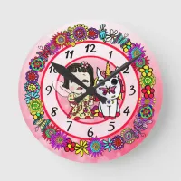 Unicorn and Fairy Whimsical Folk Art Girl's Round Clock