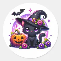 Cute Chibi Halloween Black Cat and Pumpkin Classic Round Sticker