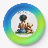 African-American Baby Boy with Teddy Baby Shower  Paper Plates