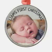 Baby's First Christmas Baby Photo Blue Christmas Metal Ornament