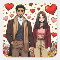 Cute Mixed Couple on Valentine's Day Square Sticker