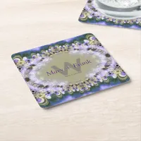 Purple Lilac Gold Lace Monogram Paper Coasters