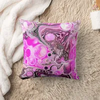 Pink and Black Abstract Fluid Art Throw Pillow