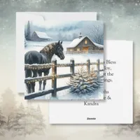 Black Horse on a Christmas Farm Personalized Holiday Card