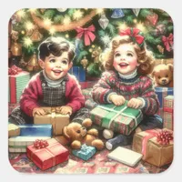 Sweet Nostalgic Children on Christmas Square Sticker