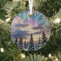 Snowy winter forest, ice crystals, northern lights glass ornament