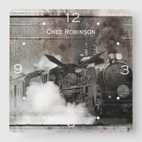 Vintage Steam Train Personalized Square Wall Clock