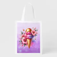 Pretty Pink and Gold Ice Cream Cone Floral Grocery Bag