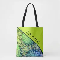 Lime Green and Blue Whimsical Boho Mandala Art Tote Bag