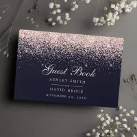 Rose Gold Confetti Navy Blue Modern Chic Wedding Guest Book