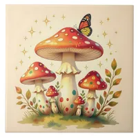 Cottage Core Vintage Mushrooms and Butterfly Ceramic Tile