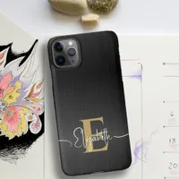 Modern Brushed Metallic Black Gold Monogram Script iPhone 11Pro Max Case