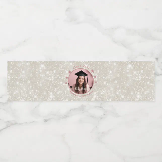 Modern Glitter Photo Graduation  Water Bottle Label