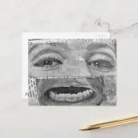 abstract collage with a eyes and mouth black white postcard