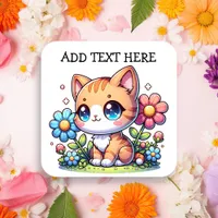 Cute  Orange Kitty Cat in Flowers Personalized Square Sticker