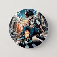 Pop Art Boy on Skateboard in City  Button