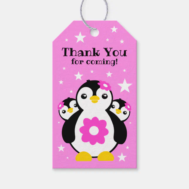 Cute Happy Birthday Girl Penguins Pink Flowers Gift Tags