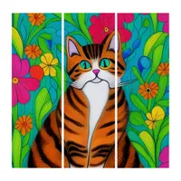 Whimsical Orange Striped Cat with Pink Flowers Triptych