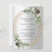 Silver cone pine greenery gold frame wedding invitation