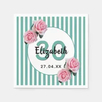 Birthday pink roses teal green stripes monogram napkins