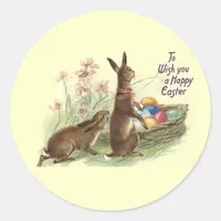 Vintage Brown Easter Rabbits Eggs in Basket, ZSSG Classic Round Sticker