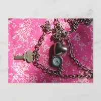 Heart, Watch, Key Necklace on Pink Fabric  Postcard