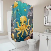 Yellow baby Octopus Under the Sea bathroom Shower Curtain