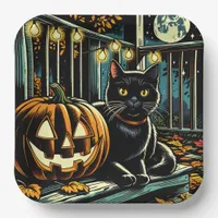 Black Cat and Jack-O-Lantern Halloween Paper Plates