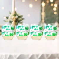 Irish Shamrock Green Blue Watercolor Custom Name  Stemless Wine Glass