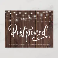 Rustic Wood String Lights Wedding Postponement Postcard