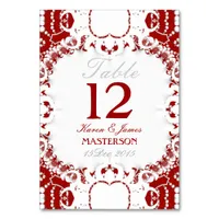 Tribal Red White Lace Wedding Table Number Card