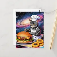 Cute Cat Chef Making CheeseBurger and Onion Rings Postcard