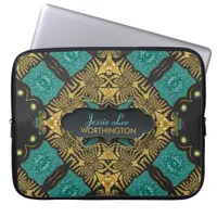 Teal & Black Gold Arabesque Tribal Laptop Sleeve