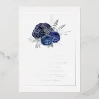 Navy and Silver Floral Wedding Foil Invitation