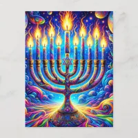 Hanukkah menorah aglow in psychedelic colors postcard