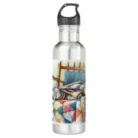 Sweet Gray Cat Sleeping on a Quilt Stainless Steel Water Bottle