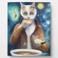 Cat in jumpsuit eating soup made out of galaxies plaque