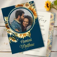 Sunflower Navy Blue Photo Wedding Gold Foil Invitation