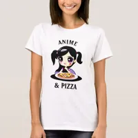 Anime and Pizza Black and Purple Cartoon T-Shirt