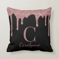 Chic Black and Rose Gold Glitter Drips Monogram Throw Pillow