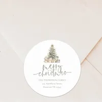 Merry Christmas Tree Sage Script Return Address Classic Round Sticker