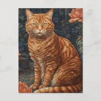 Ginger Tabby Cat and Roses Postcard