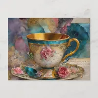 Gorgeous Teacup Mixed Media Collage Painting Postcard